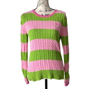 Lilly Pulitzer Cable Knit Sweater Pink Green Stripe Cotton Vintage Womens Size M
